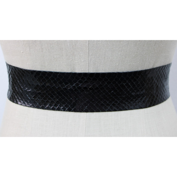 Vintage 80s Morris Moskowitz Black Snake Skin Wide Leather Belt & Buckle M main image 5